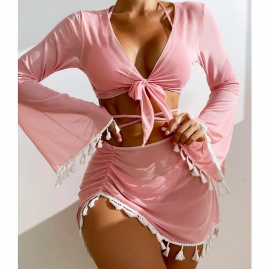 4pcs Bikini With Short Skirt And Long Sleeve Cover-up Swimsuit Set